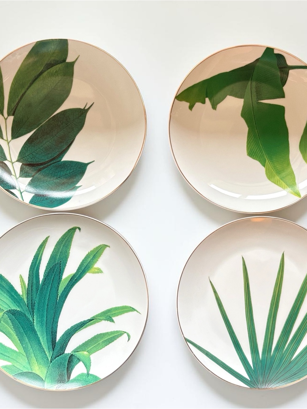 Rosanna 8 Salad/Dessert Plates Jet Setter Set 4 Gold Trim Botanical Leaf Pattern